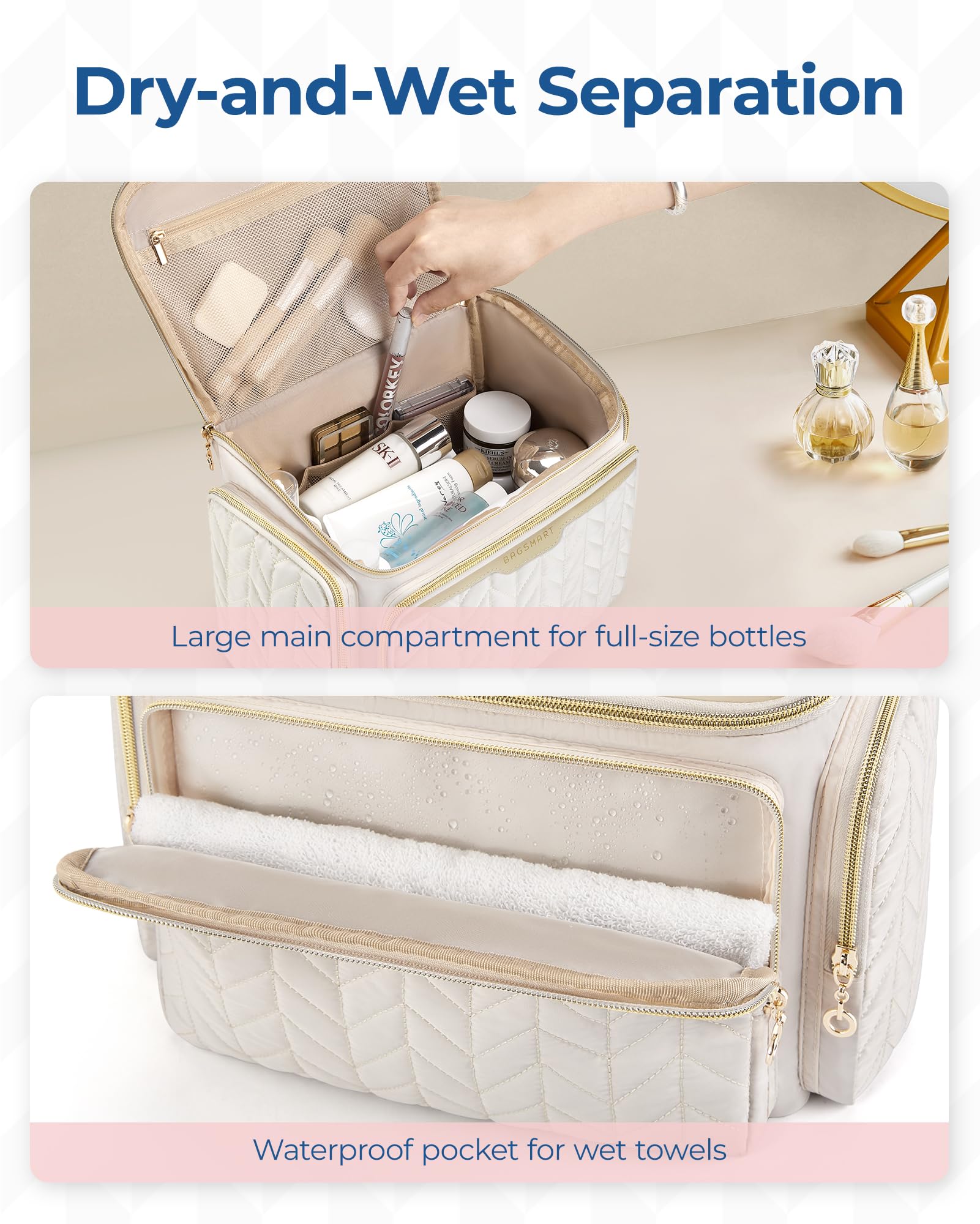 BAGSMART interior con bolsillos de malla para cosméticos y productos pequeños.