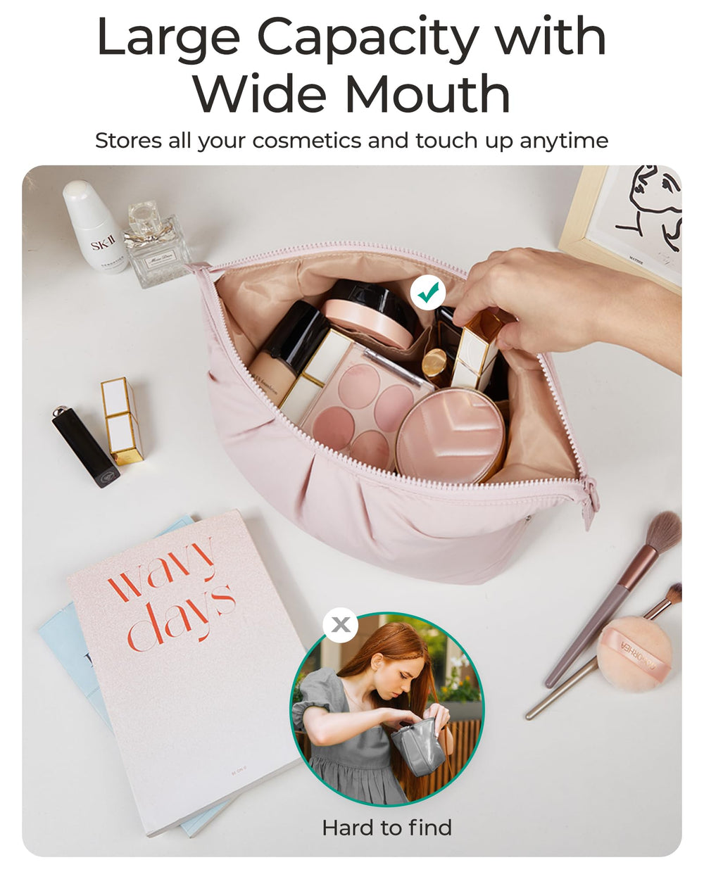 BAGSMART bolsa de maquillaje con bolsillos interiores para organizar labiales y brochas