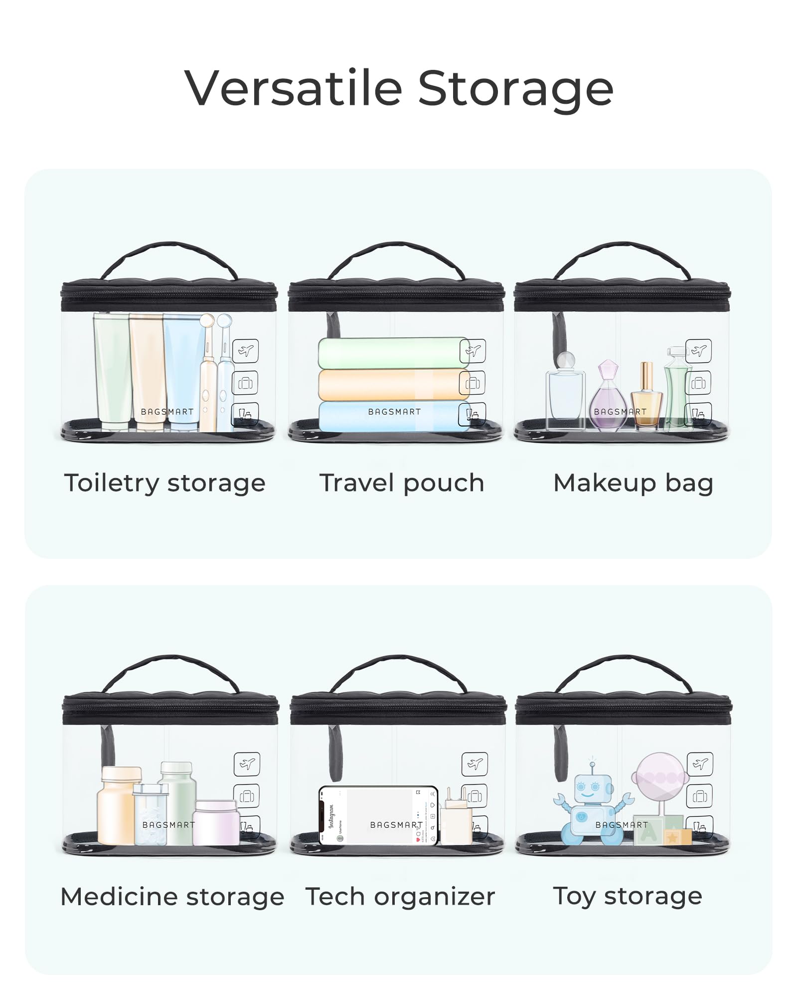 BAGSMART bolsa clara para artículos de cuidado personal, fácil limpieza.