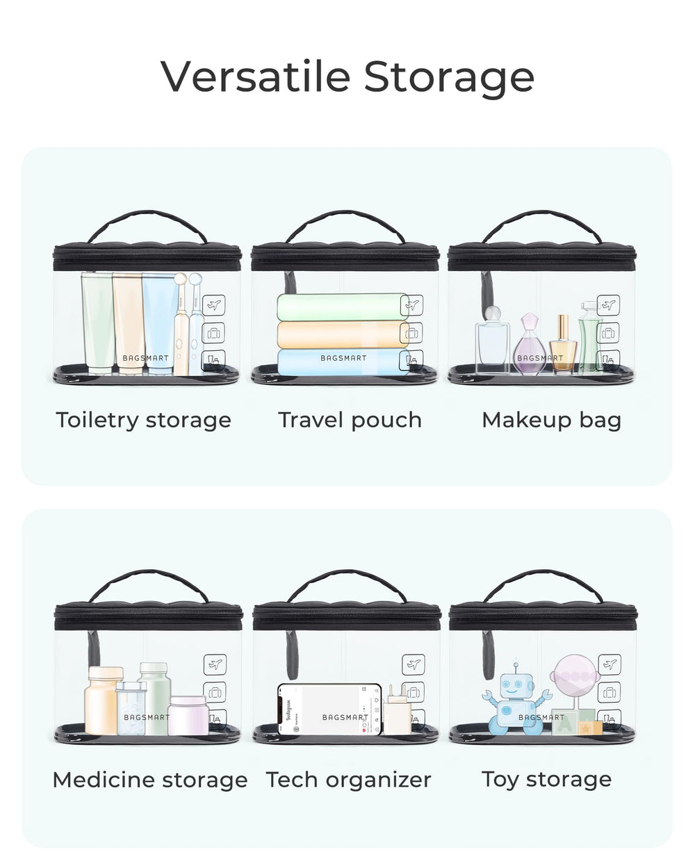 BAGSMART bolsa clara para artículos de cuidado personal, fácil limpieza.