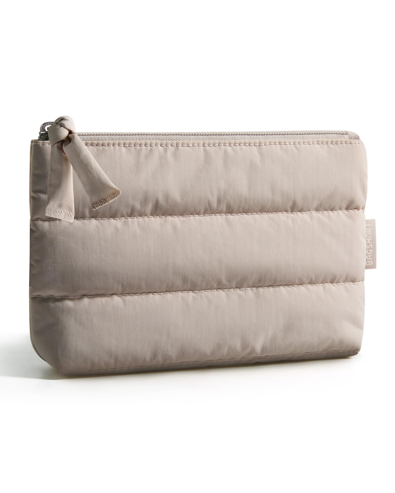 BAGSMART neceser de maquillaje pequeño en camel, textura acolchada para viaje ordenado