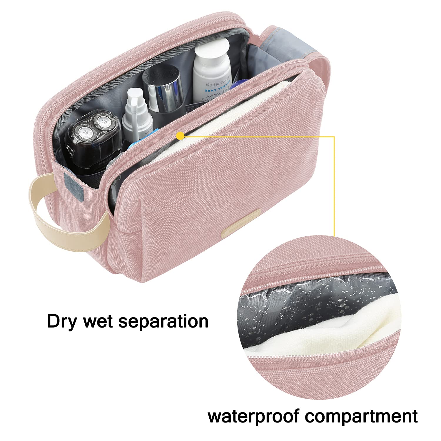 BAGSMART neceser rosa con bolsillos con cremalleras en ambos lados para ordenar cepillos y maquinillas.