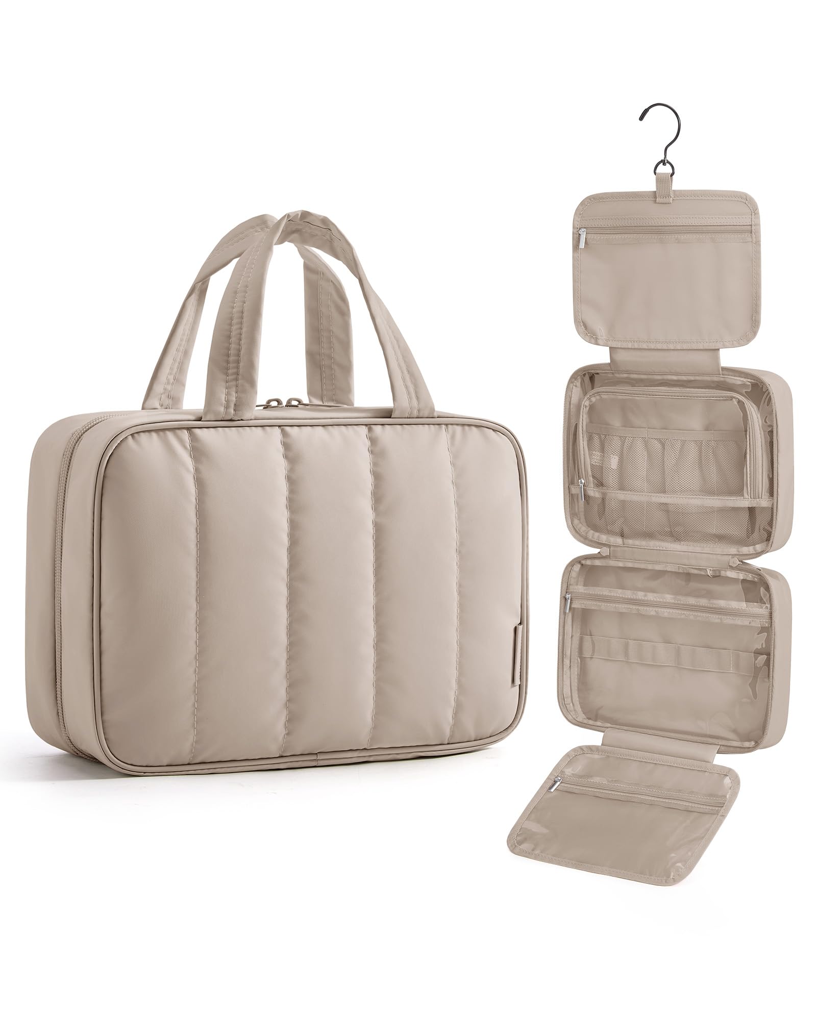 BAGSMART trousse de toilette voyage camel avec section principale organisée.