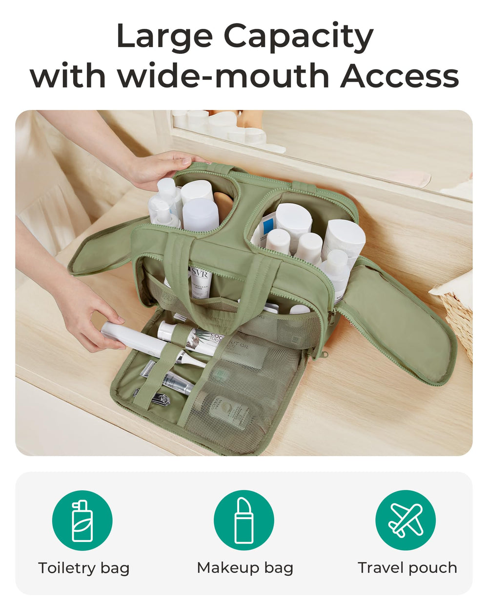 Intérieur BAGSMART avec quatre compartiments pour organiser cosmétiques et essentiels.
