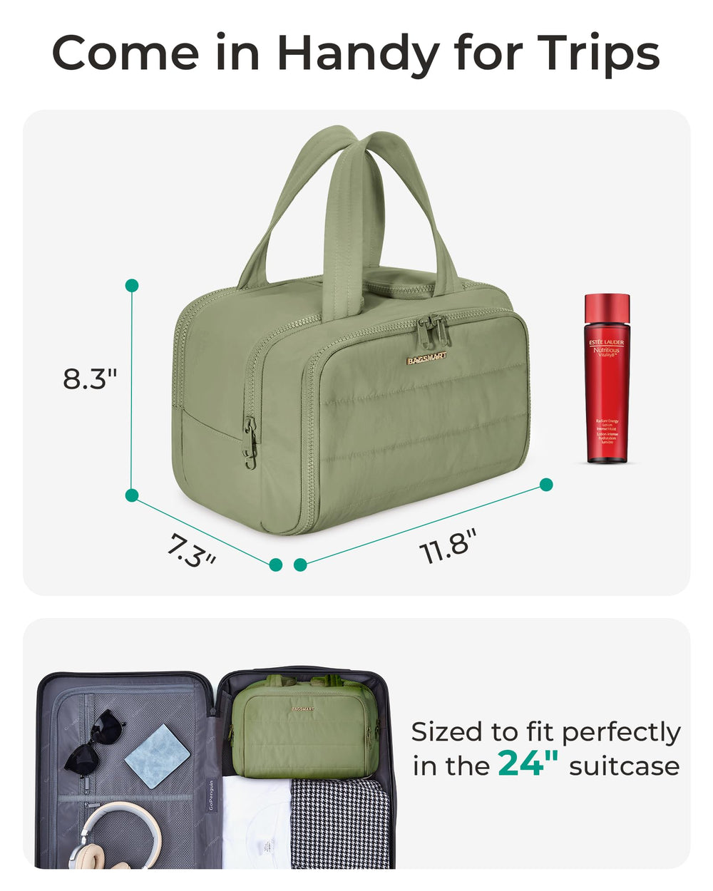 Conception polyvalente BAGSMART comme trousse de toilette, rasage ou maquillage.