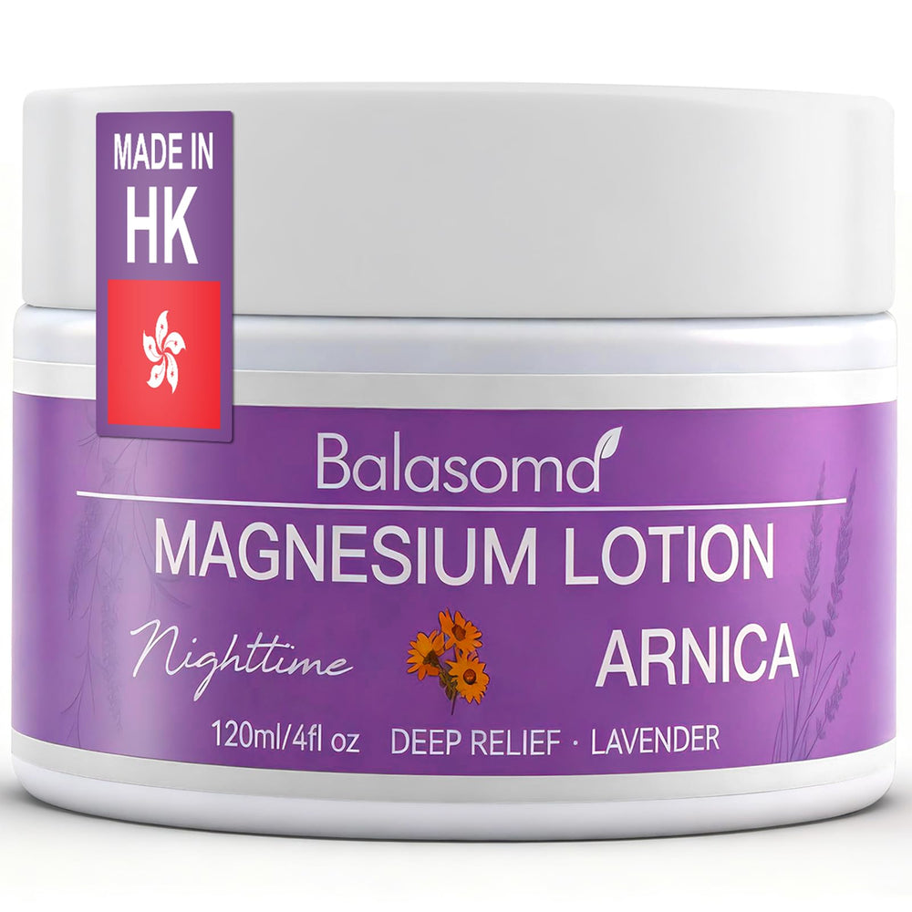 Balasoma loción nocturna de magnesio con arnica, envase elegante para dormir.