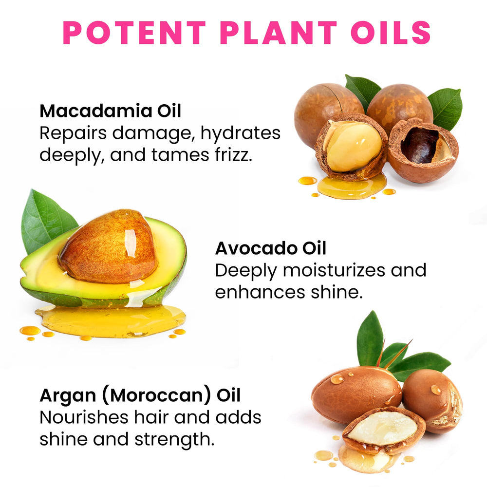 Bali Secret HairGloss avocado oil bottle emphasizes lightweight nourishment for all hair types.