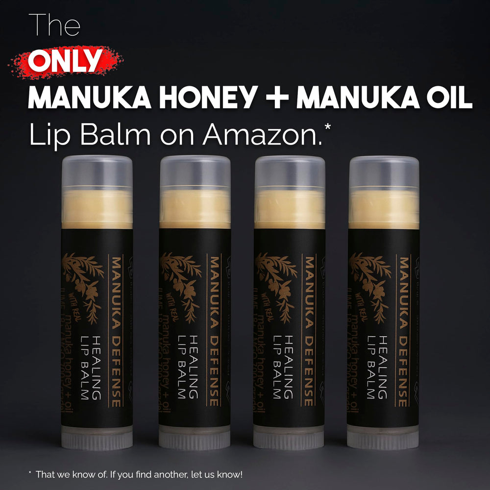 Aplicación suave del bálsamo Manuka Defense en labios secos