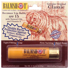 Balmshot balsamo labial en envase tipo escopeta para hidratación diaria y SPF 15.