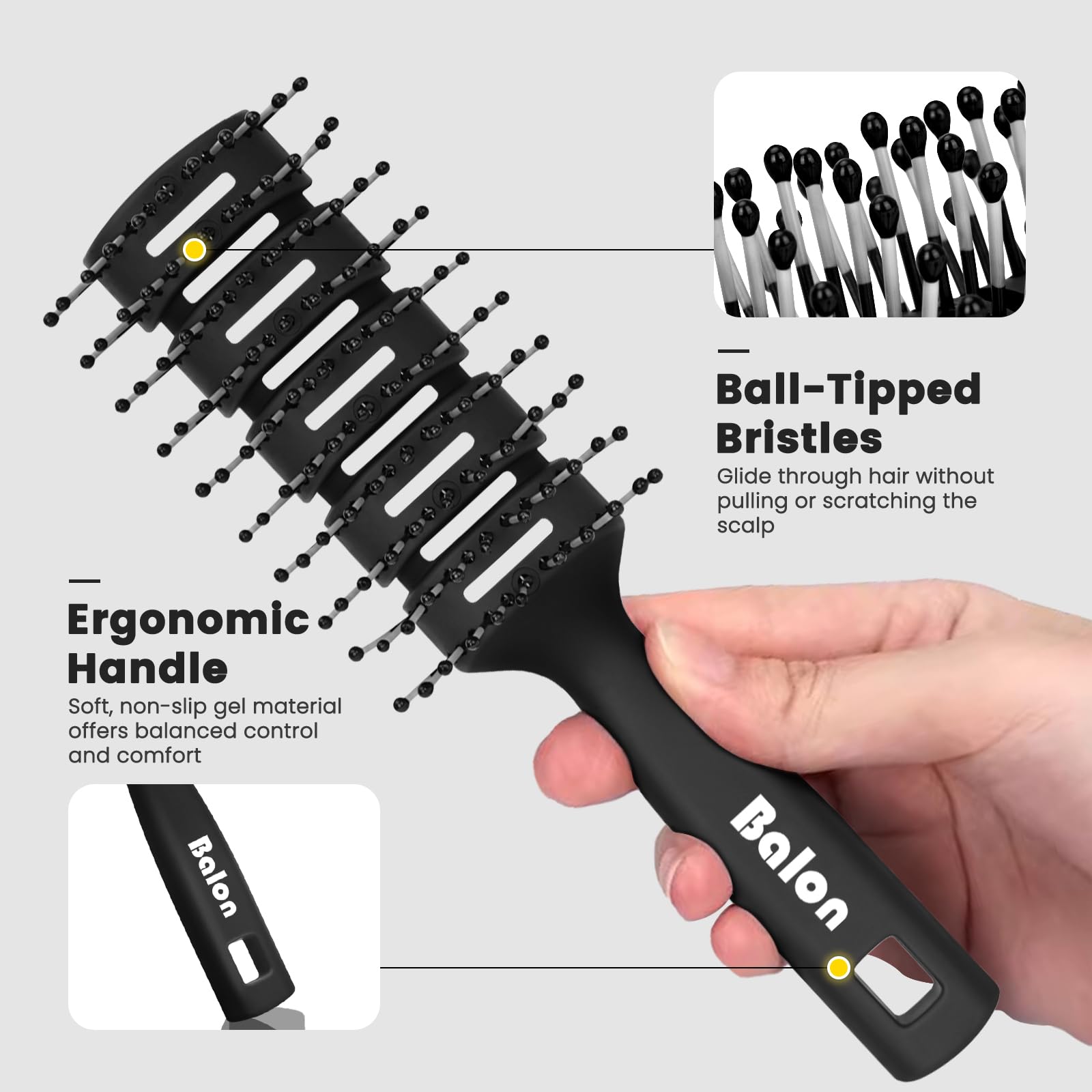 BALON cepillo mango ergonómico: agarre estable durante el peinado.