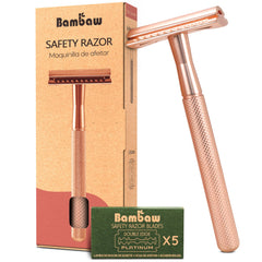 Bambaw Afeitadora de seguridad para mujeres con 5 hojas, rosa-oro, afeitado cercano.