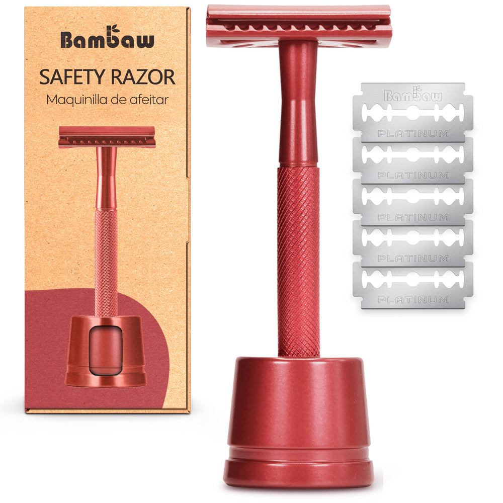 Navaja de seguridad Bambaw con soporte para un afeitado estable.