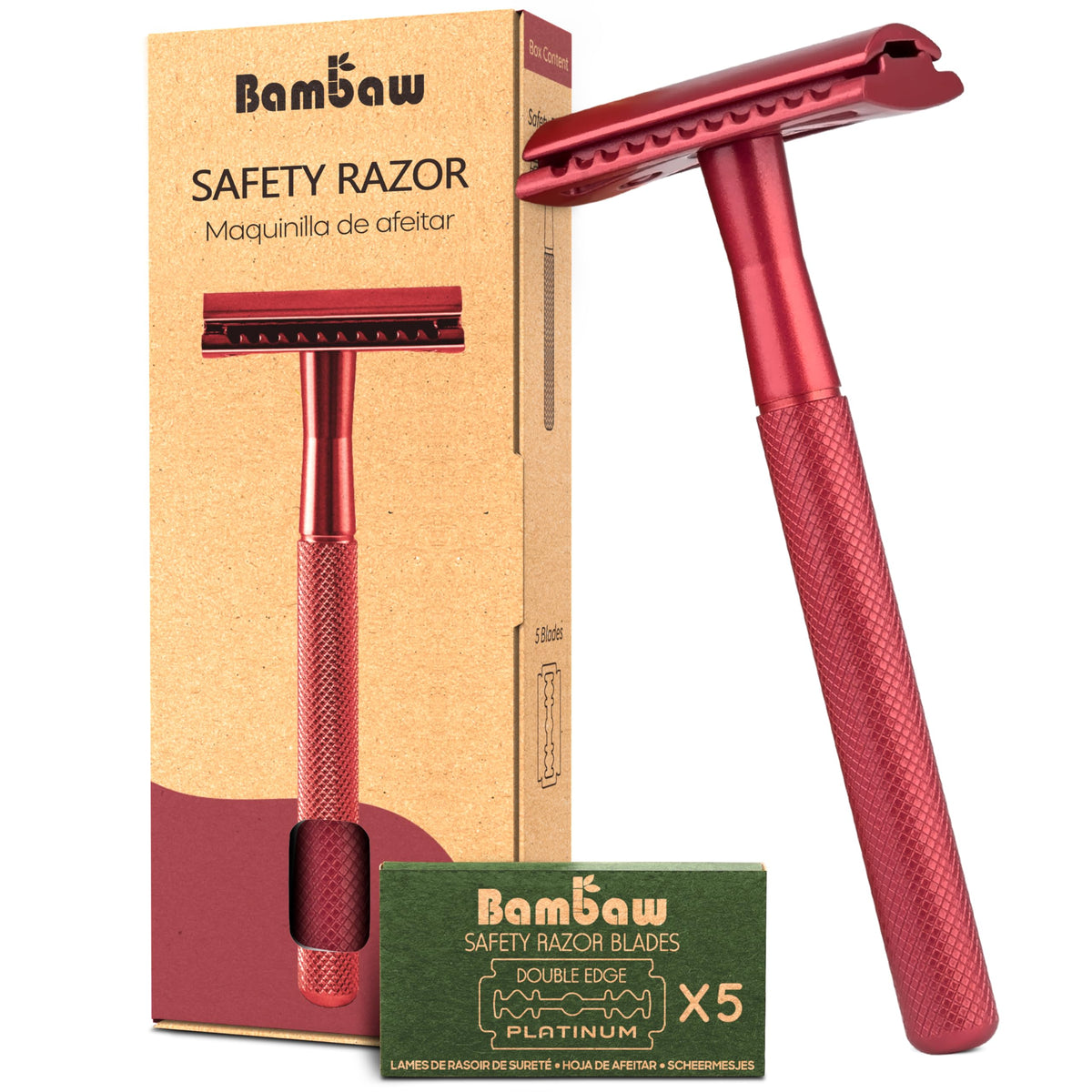 Bambaw navaja seguridad doble hoja roja, lista para afeitado suave.