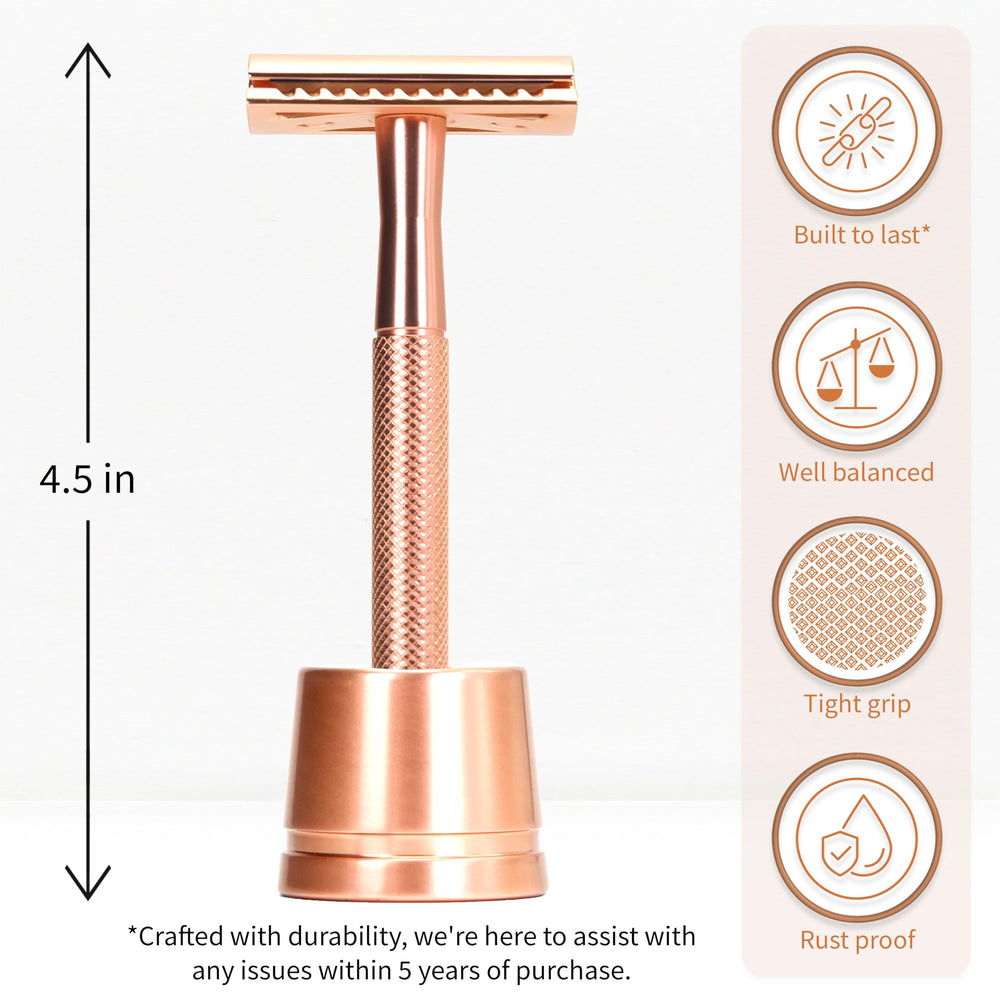 Bambaw rasur doble hoja, detalle en rosado-oro, elegancia y durabilidad