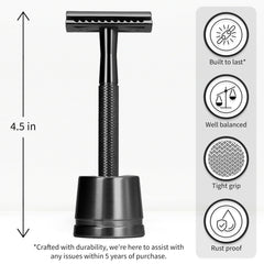 Soporte para afeitadora Bambaw negro sosteniendo la afeitadora con elegancia.