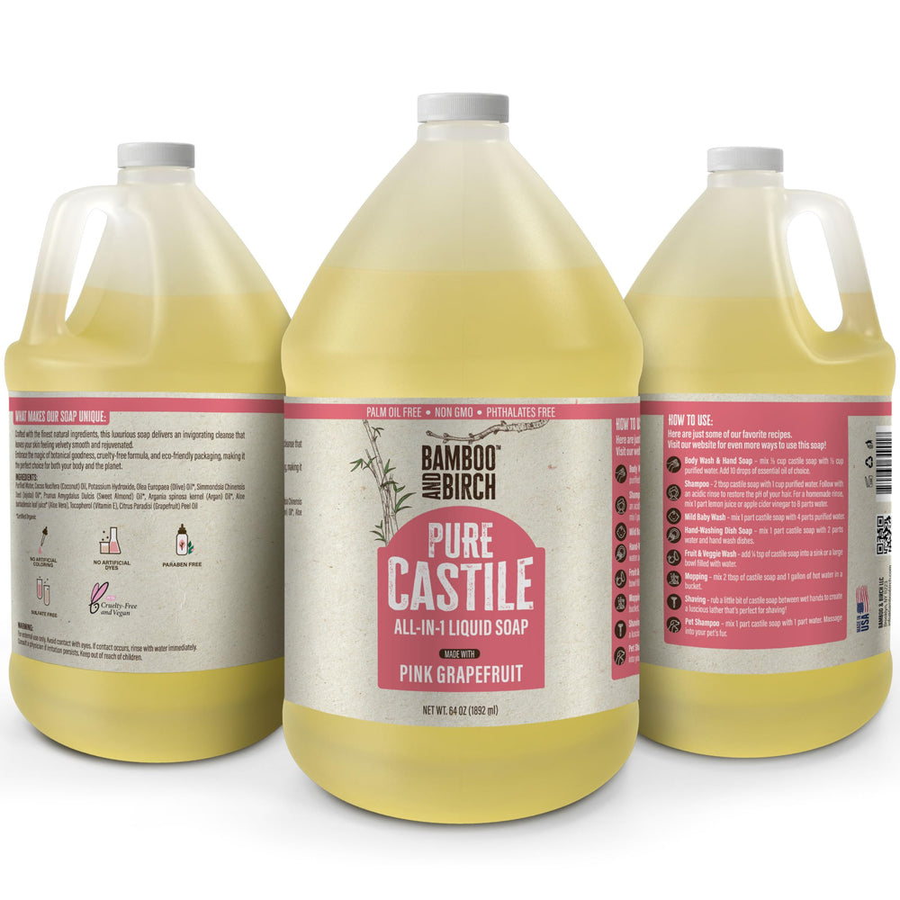 BAMBOO AND BIRCH Citrus Grapefruit castile liquid bottle suggests fresh cleansing
