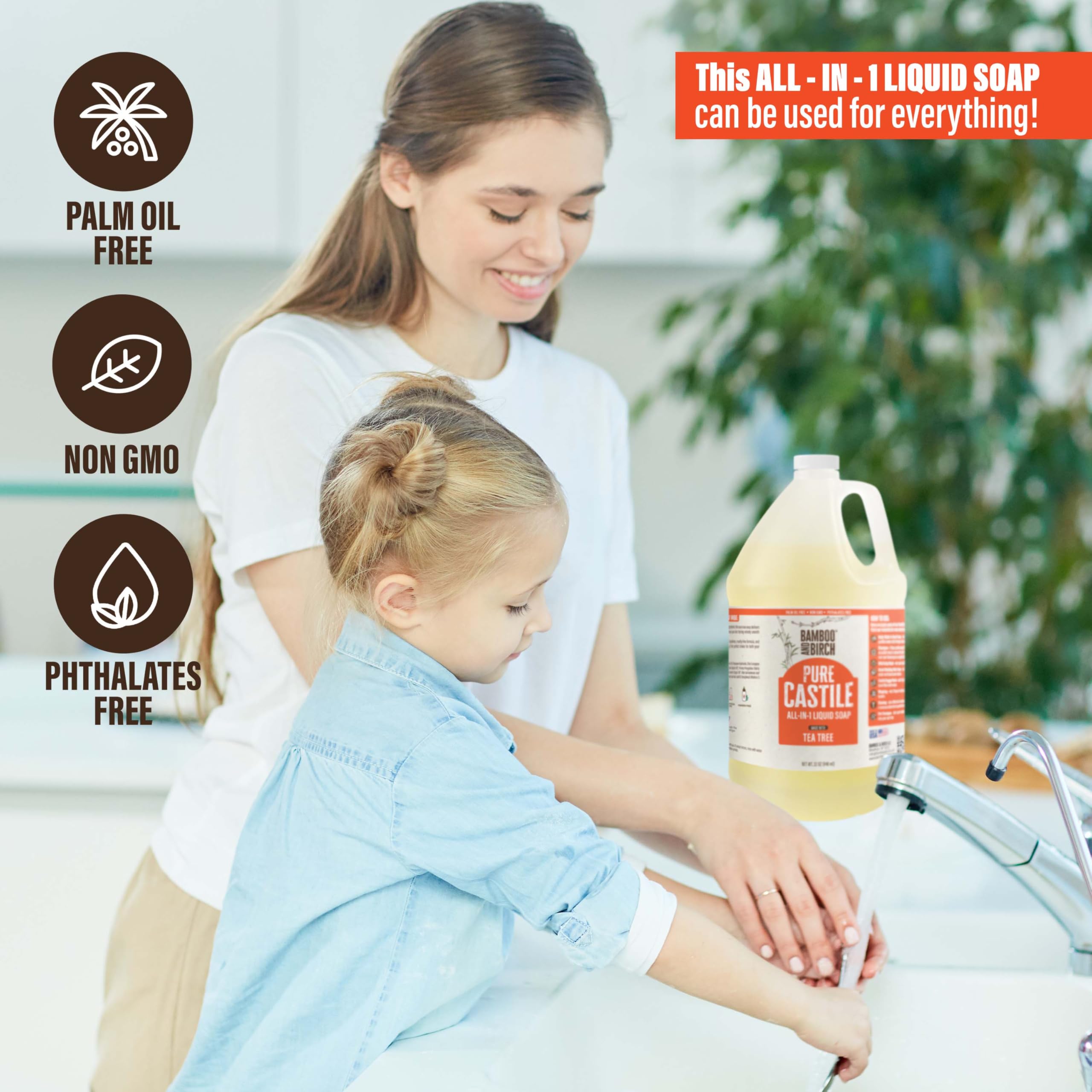 Bamboo and Birch Jabón Castile líquido – uso múltiple para cuerpo, cara y manos