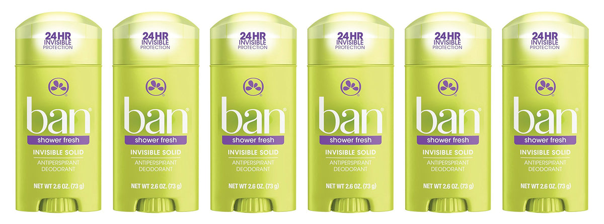Ban antitranspirante invisible sólido con aroma ducha fresca; botella visible y sensación de frescura.