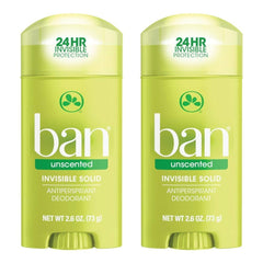Ban desodorante invisible sin fragancia, paquete de dos, cómodo para uso diario sin manchas.