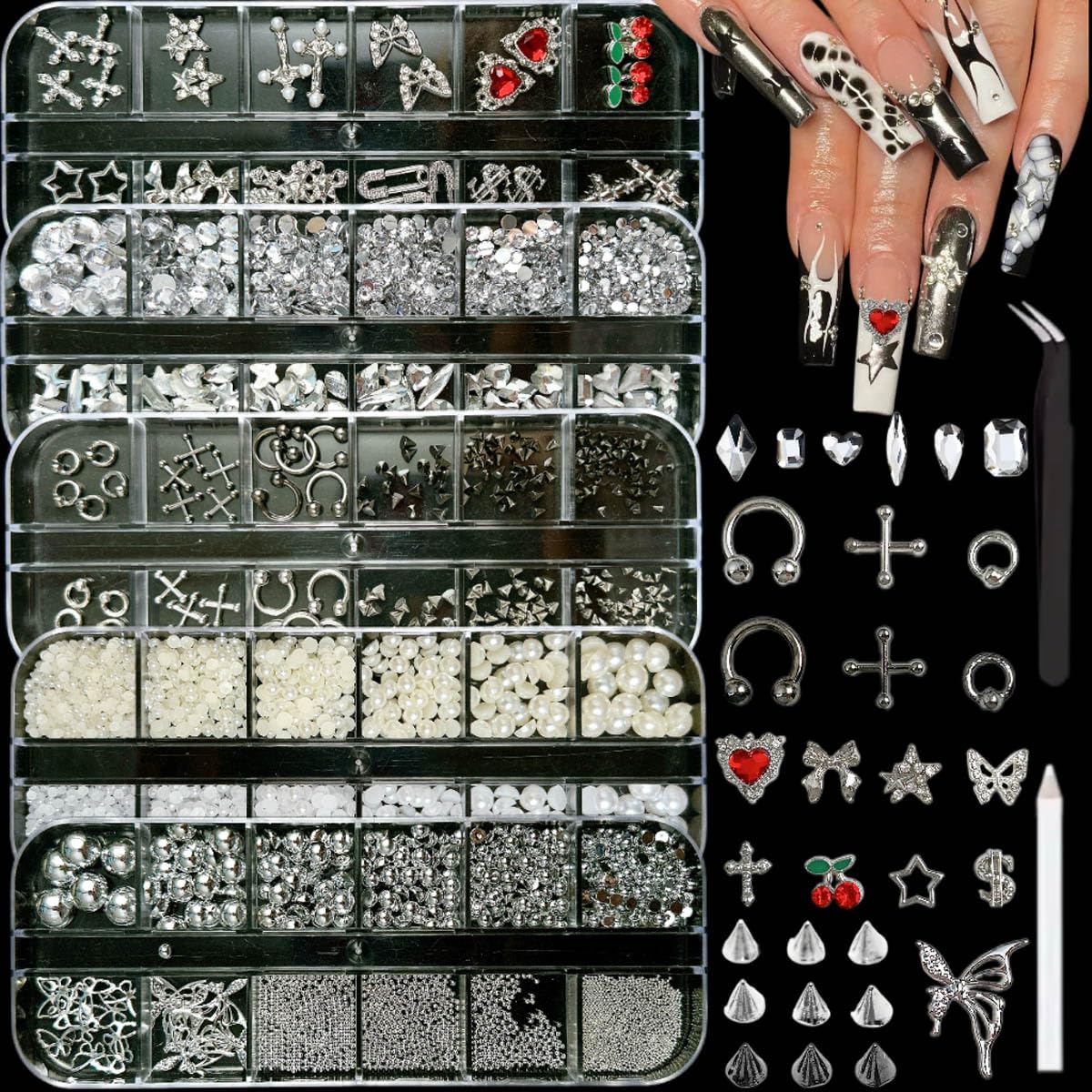 Kit BANA ART: adornos uña 3D plata para un acabado elegante y duradero