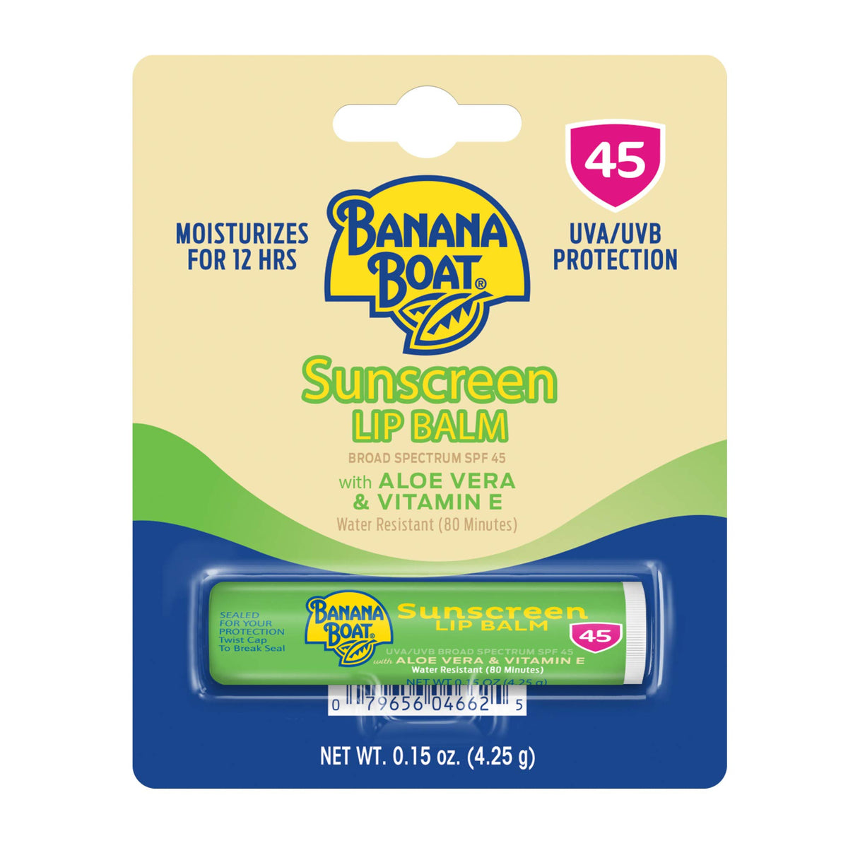 Banana Boat bálsamo labial FPS45 con aloe, cuidado diario para labios sensibles.