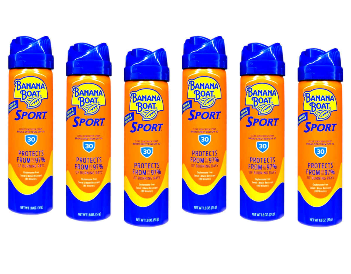 Banana Boat SPF 30 Deportiva en aerosol continuo, empaque de 6 piezas para uso al aire libre.