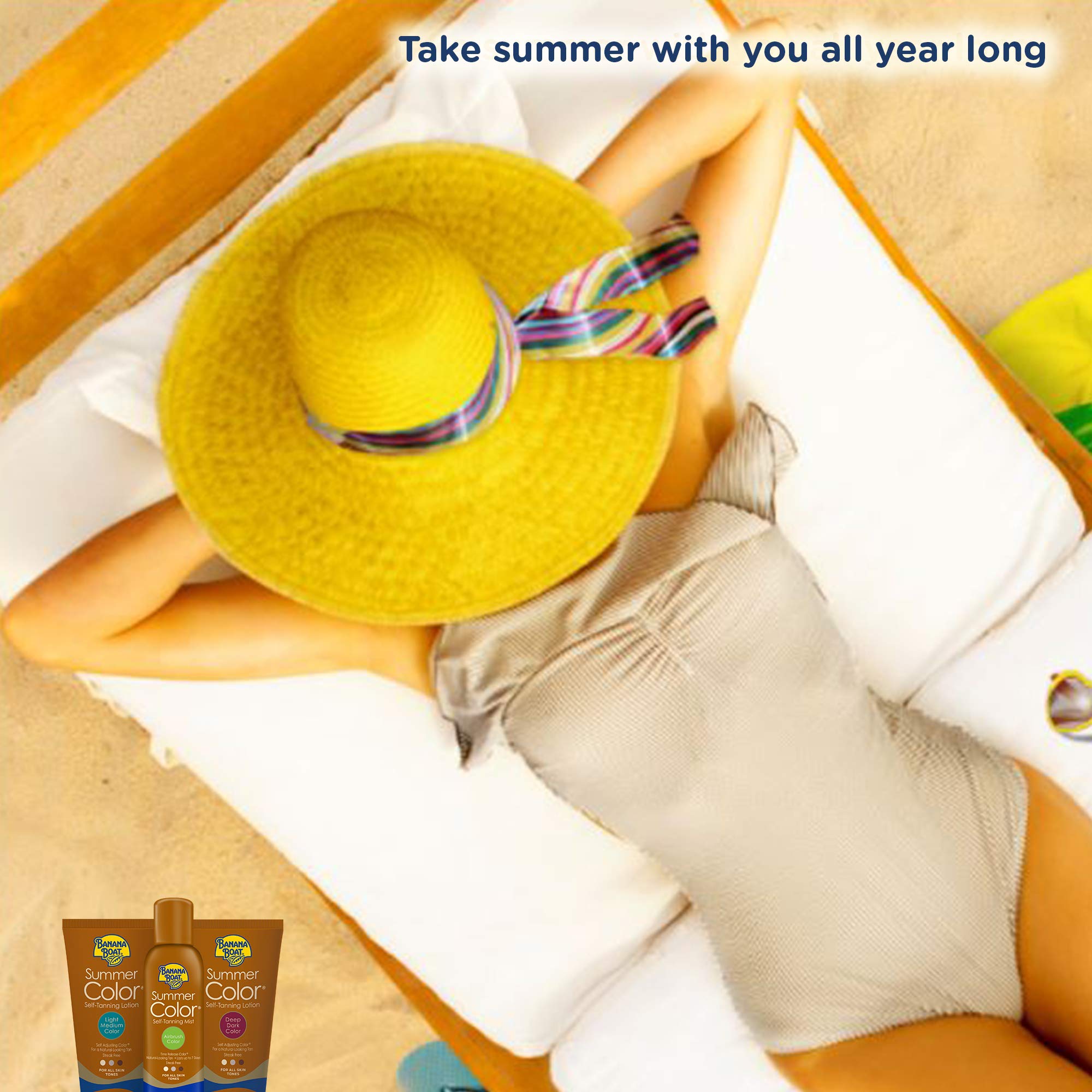 Banana Boat Summer Color fórmula con Aloe Vera y Vitamina E para cuidado de la piel.