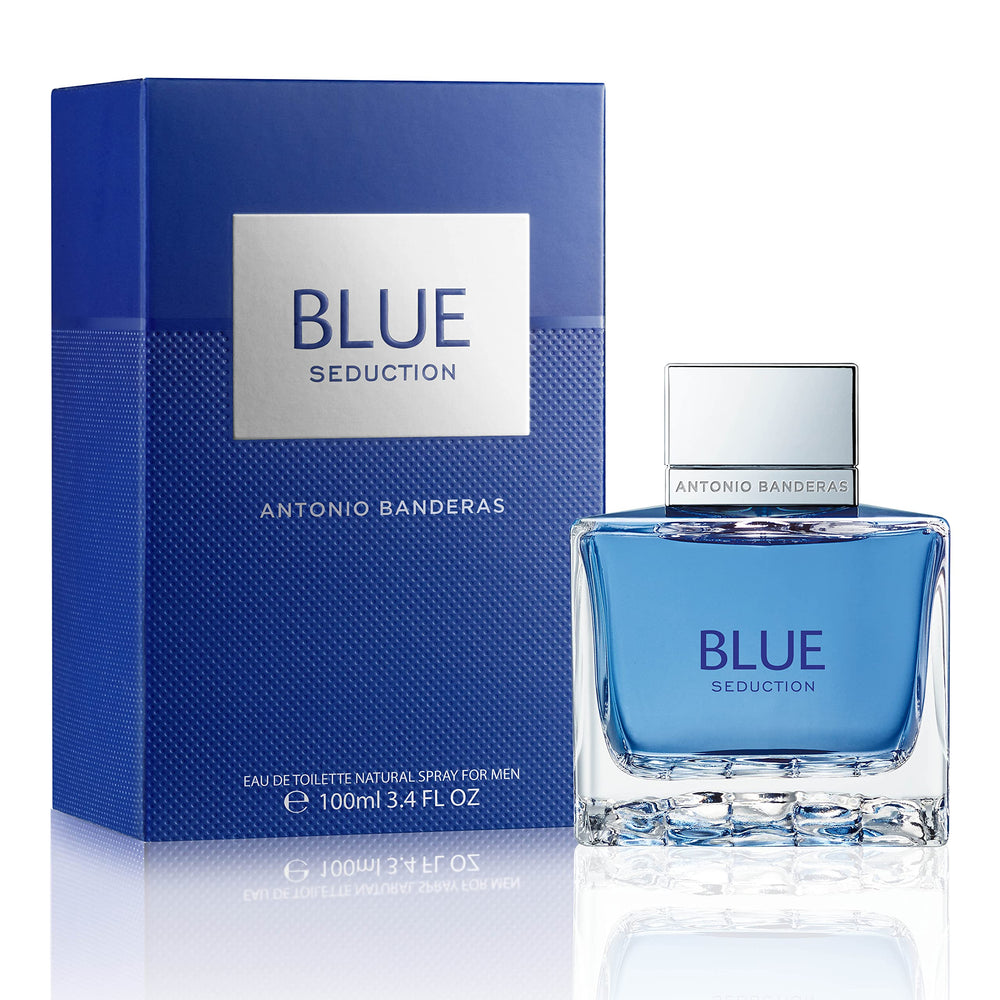 Seducción Azul de Banderas, botella frontal, perfume fresco para uso diario.