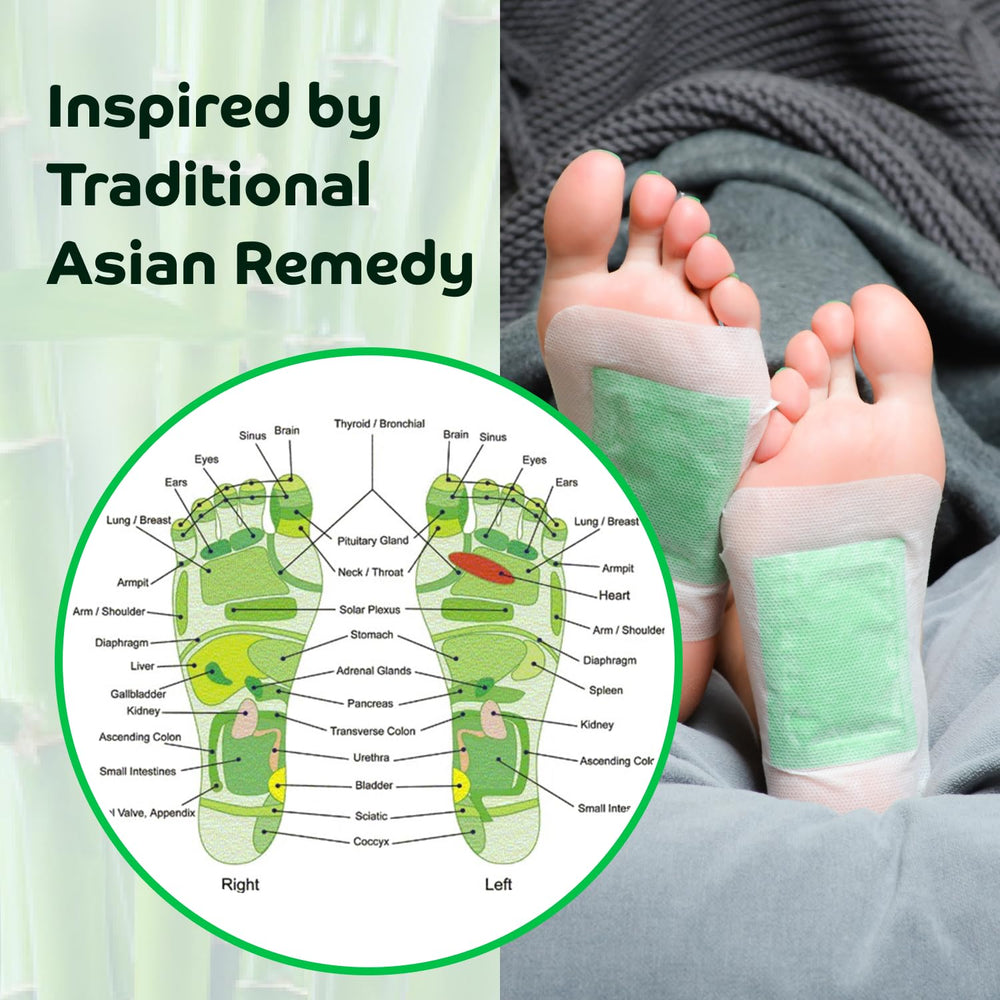 Bandoo Foot Pads, envase 30 unidades con bambú-vinagre-tourmalina para uso diario.