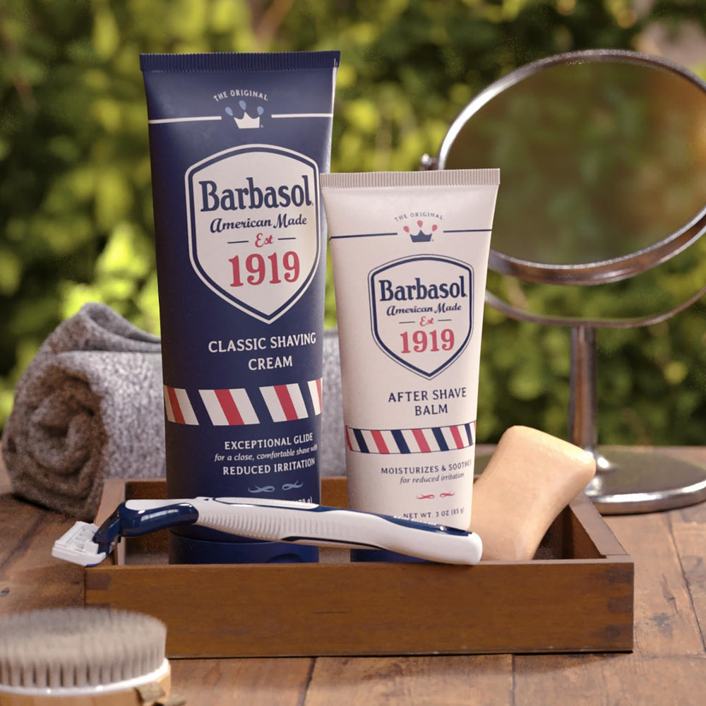 Barbasol 1919 envase de 6 oz libre de parabenos y ftalatos.