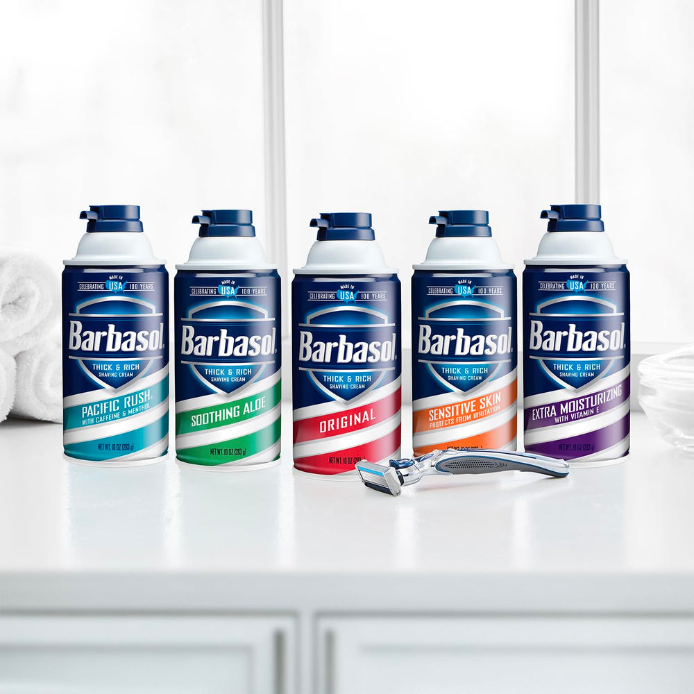 Barbasol Crème à raser Aloe épaisse et riche, rituel de rasage fluide.