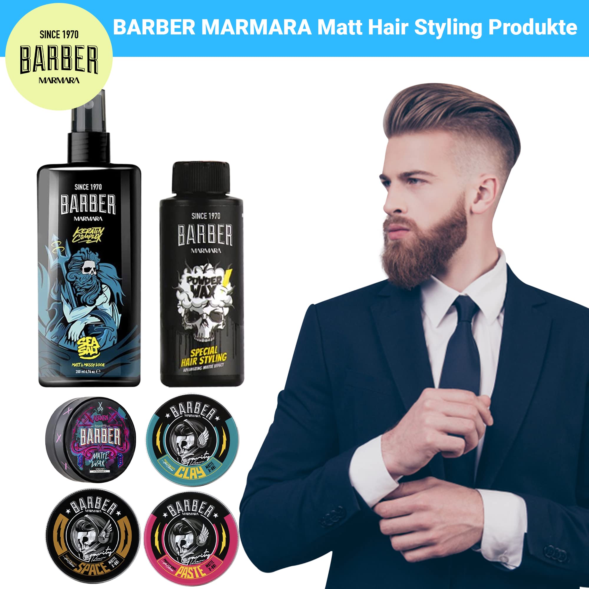 Barber Marmara Presentación en estantería, producto profesional de peinado para hombres.