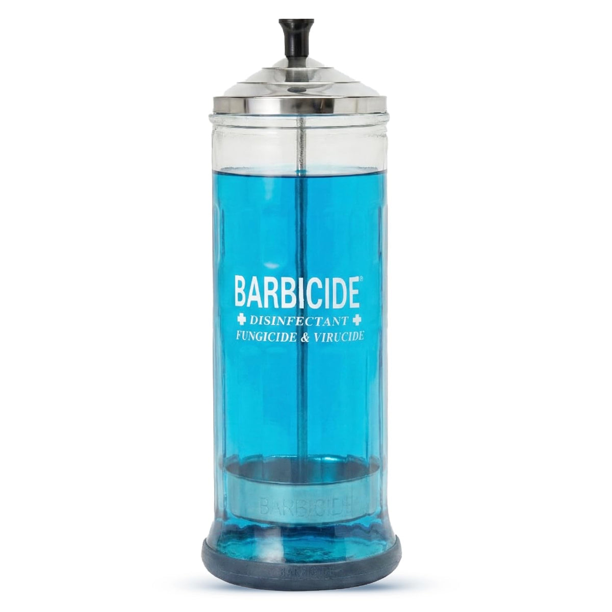 BARBICIDE frasco desinfección grande con tapa para uso profesional seguro.