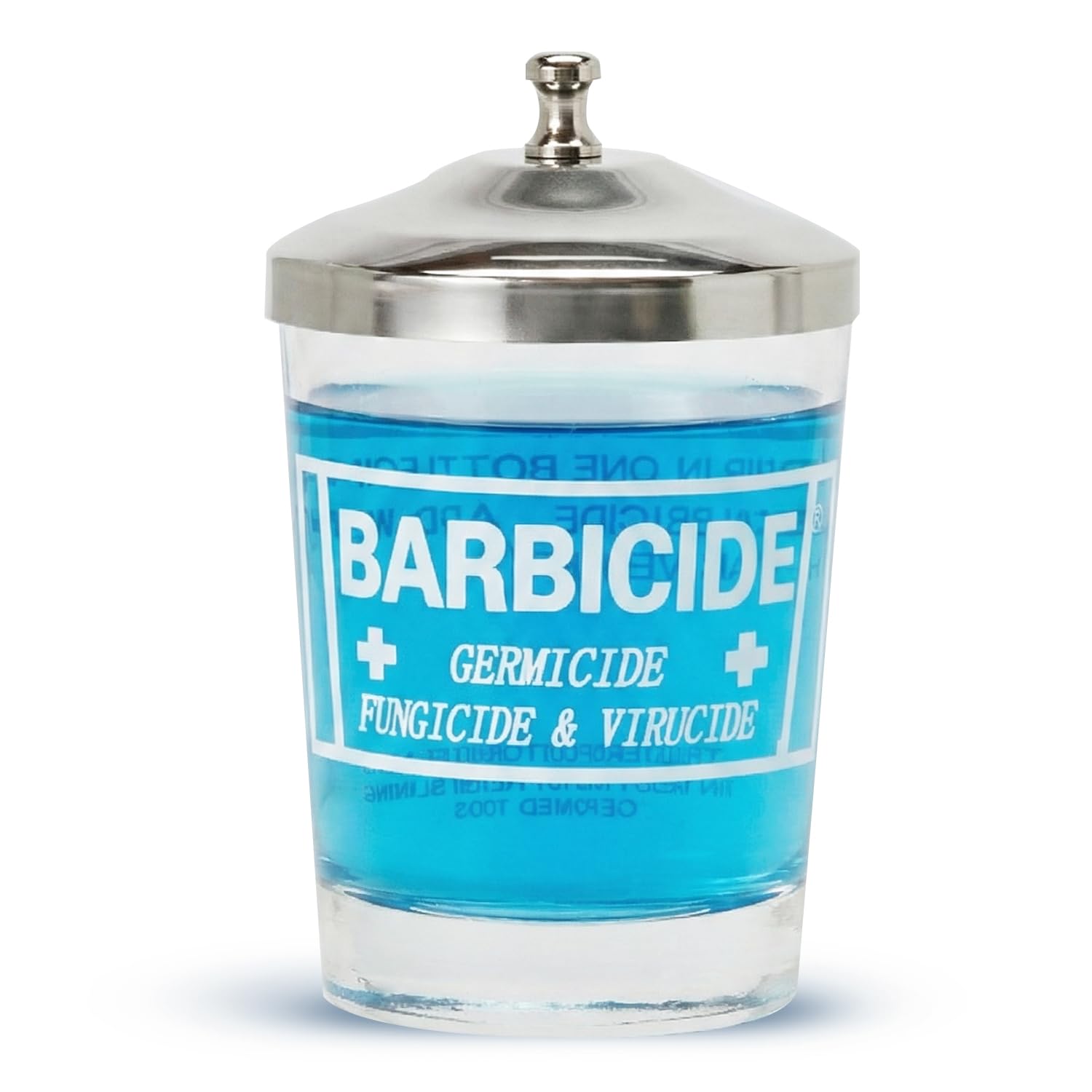 BARBICIDE Jarra desinfectante 4 oz, tapa de acero, ideal para desinfección profesional.