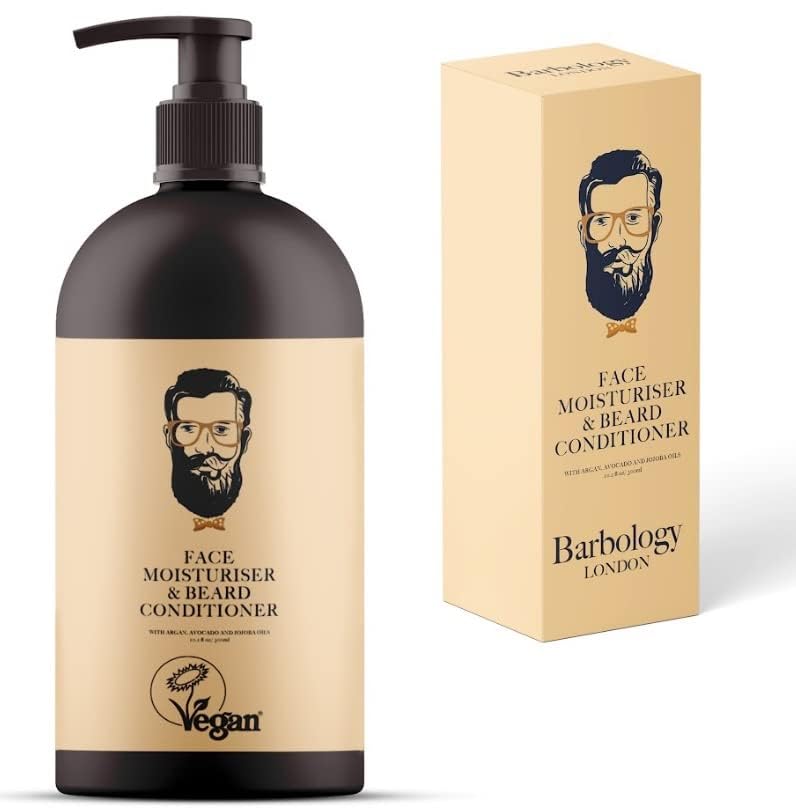 Barbology LONDON 2-en-1 hidratante para barba y cara con dispensador, perfecto para uso diario.