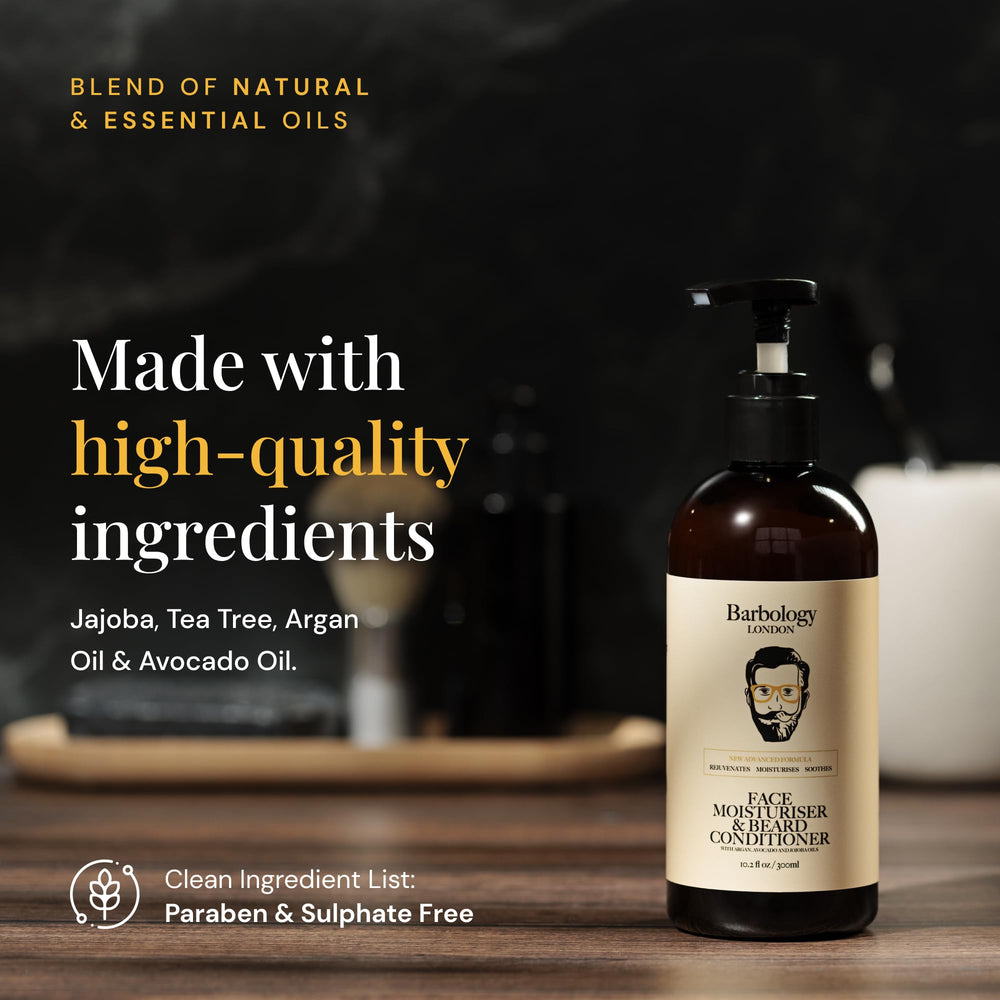 Barbology LONDON envase con ingredientes clave jojoba, argán y aguacate para hidratación.