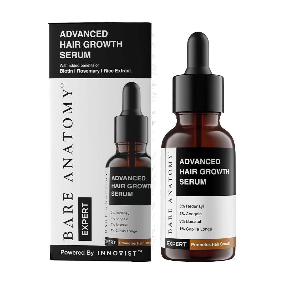 Bare Anatomy Serum botella para aplicación diaria en cuero cabelludo, favorece densidad capilar.
