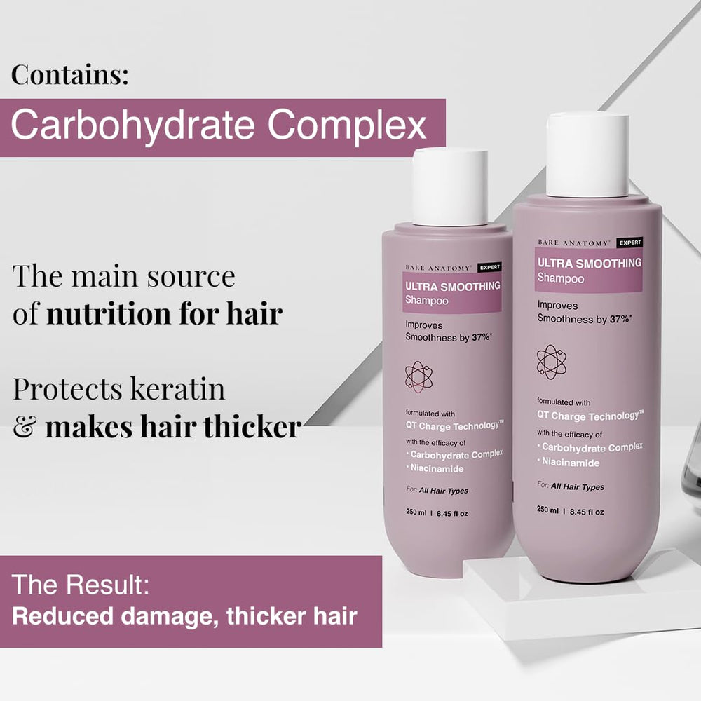 Bare Anatomy Champú Ultra Alisador complejo carbohidrato nutre cabellos secos.