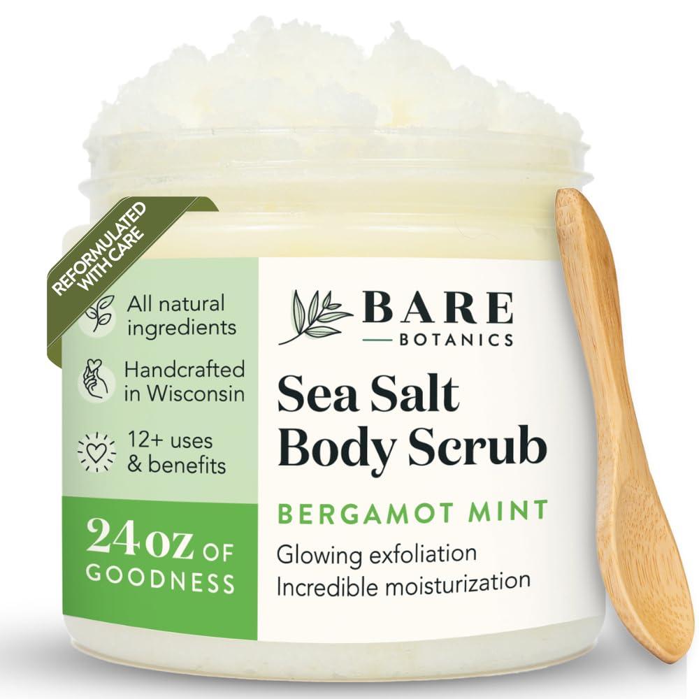 Bare Botanics Bergamot Menta frasco exfoliante muestra textura suave para piel radiante.