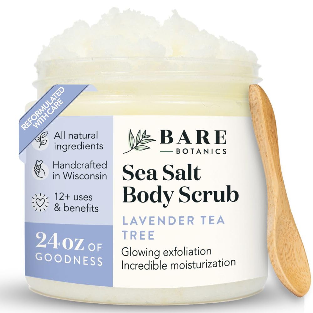 Bare Botanics exfoliante de sal marina en bote para exfoliación suave.