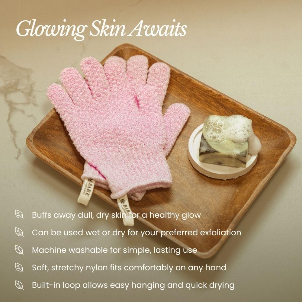 Bare Botanics guantes exfoliantes lavanda aplicación suave y ritual de spa.