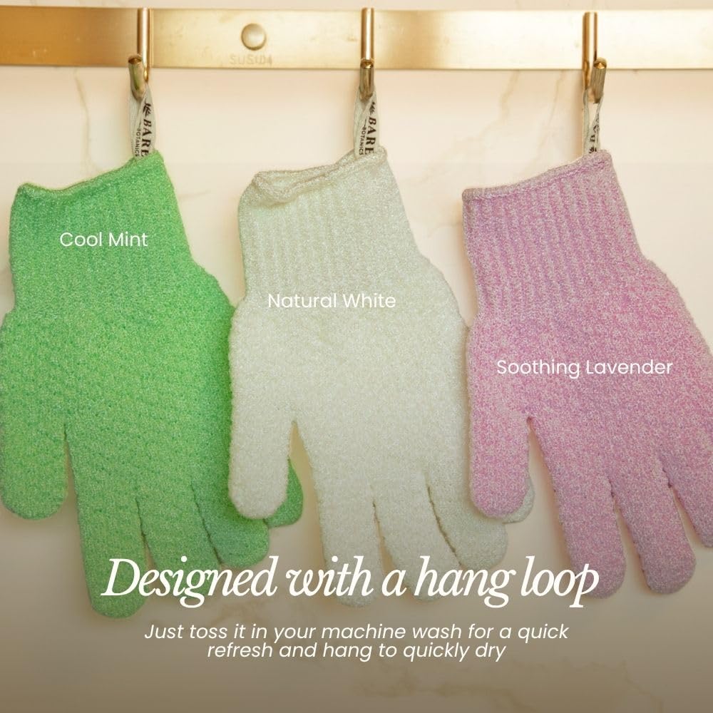Bare Botanics guantes exfoliantes nylon para piel fresca tras la ducha.