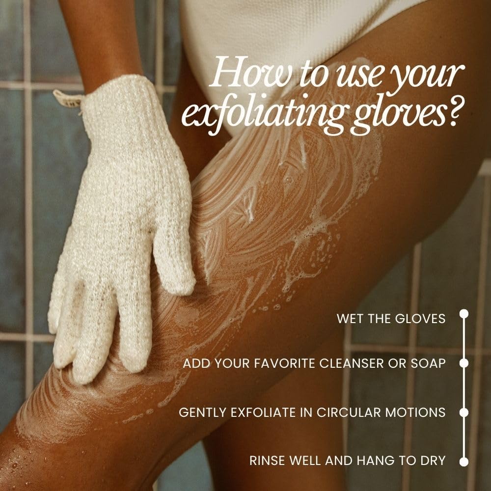 Bare Botanics guantes exfoliantes para rutina de cuidado corporal diaria.