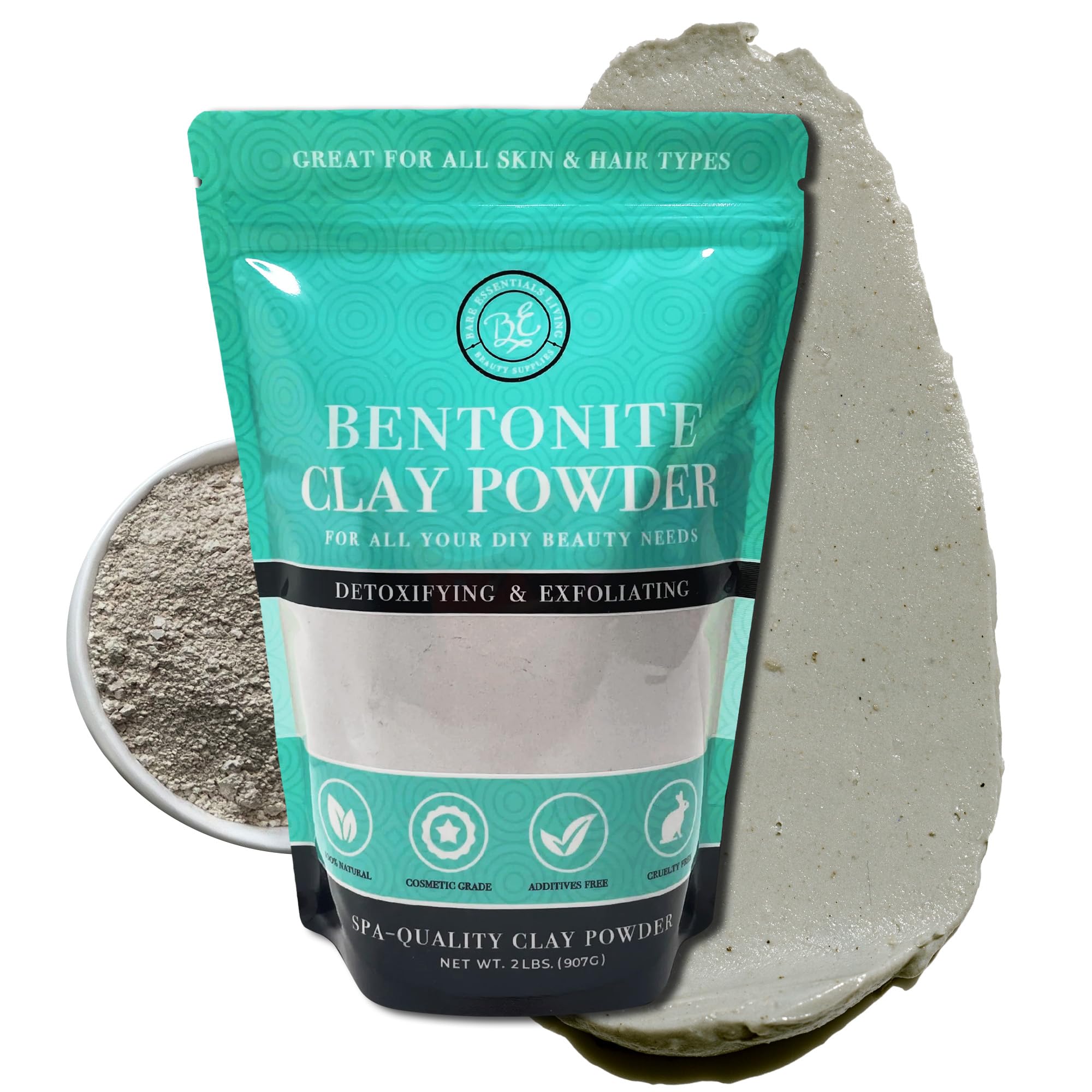 Bare Essentials Living arcilla bentonita polvo para mascarilla facial, limpia y purifica piel.