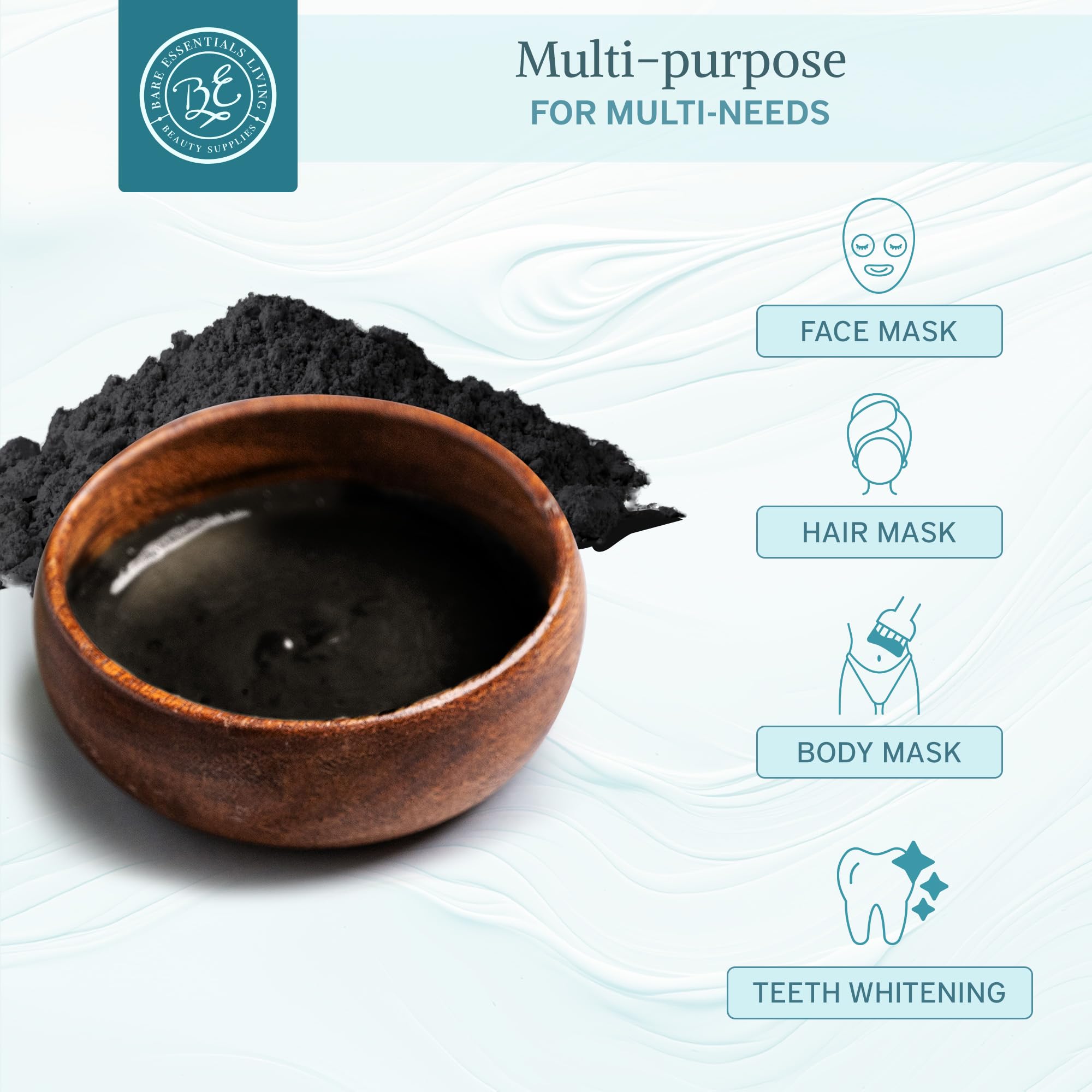 Bare Essentials Living carbón activado en polvo, ideal para blanqueamiento dental natural.