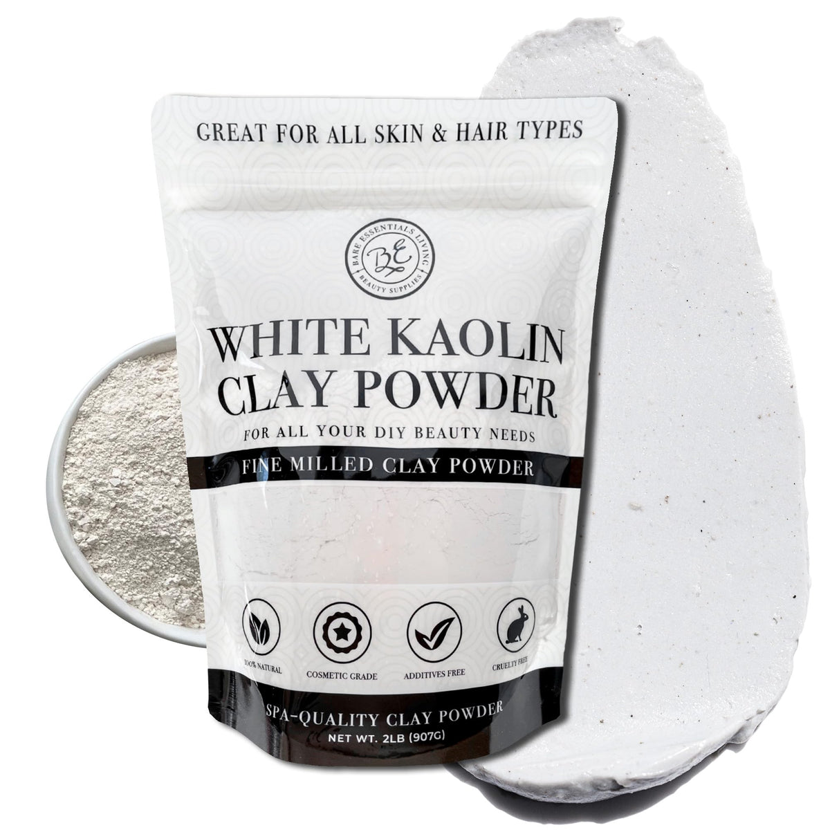 Polvo de arcilla kaolin blanco de Bare Essentials Living en frasco, ideal para mascarillas faciales suaves.