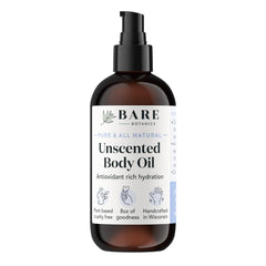 BARE BOTANICS Aceite corporal sin fragancia, absorción rápida y hidratación profunda.