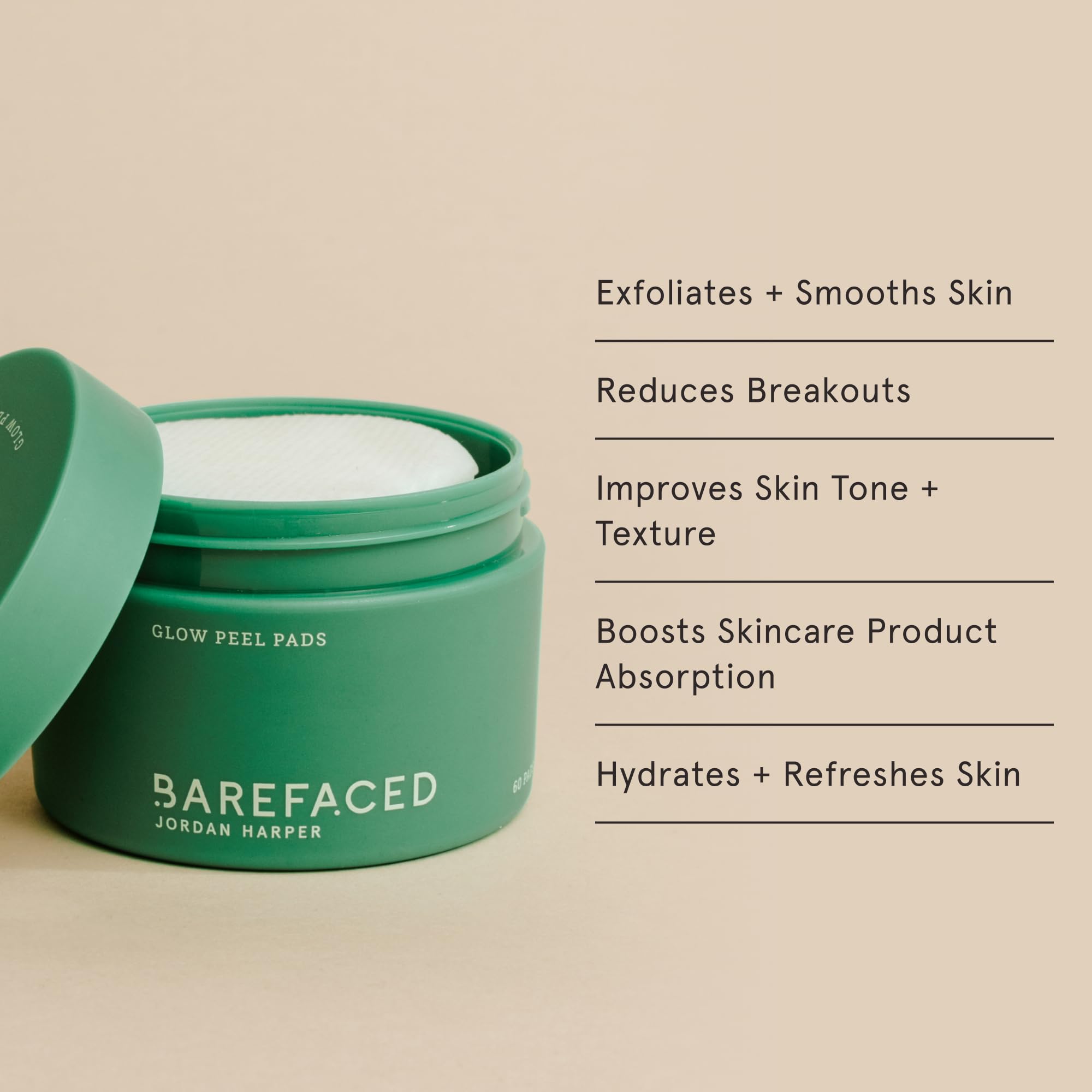 Barefaced Glow Peel Pads, aplicación en mano, exfoliación suave para una tez más clara.
