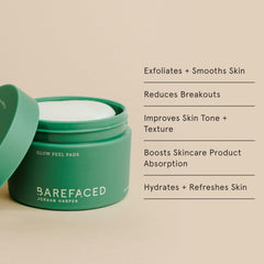 Barefaced Glow Peel Pads, aplicación en mano, exfoliación suave para una tez más clara.