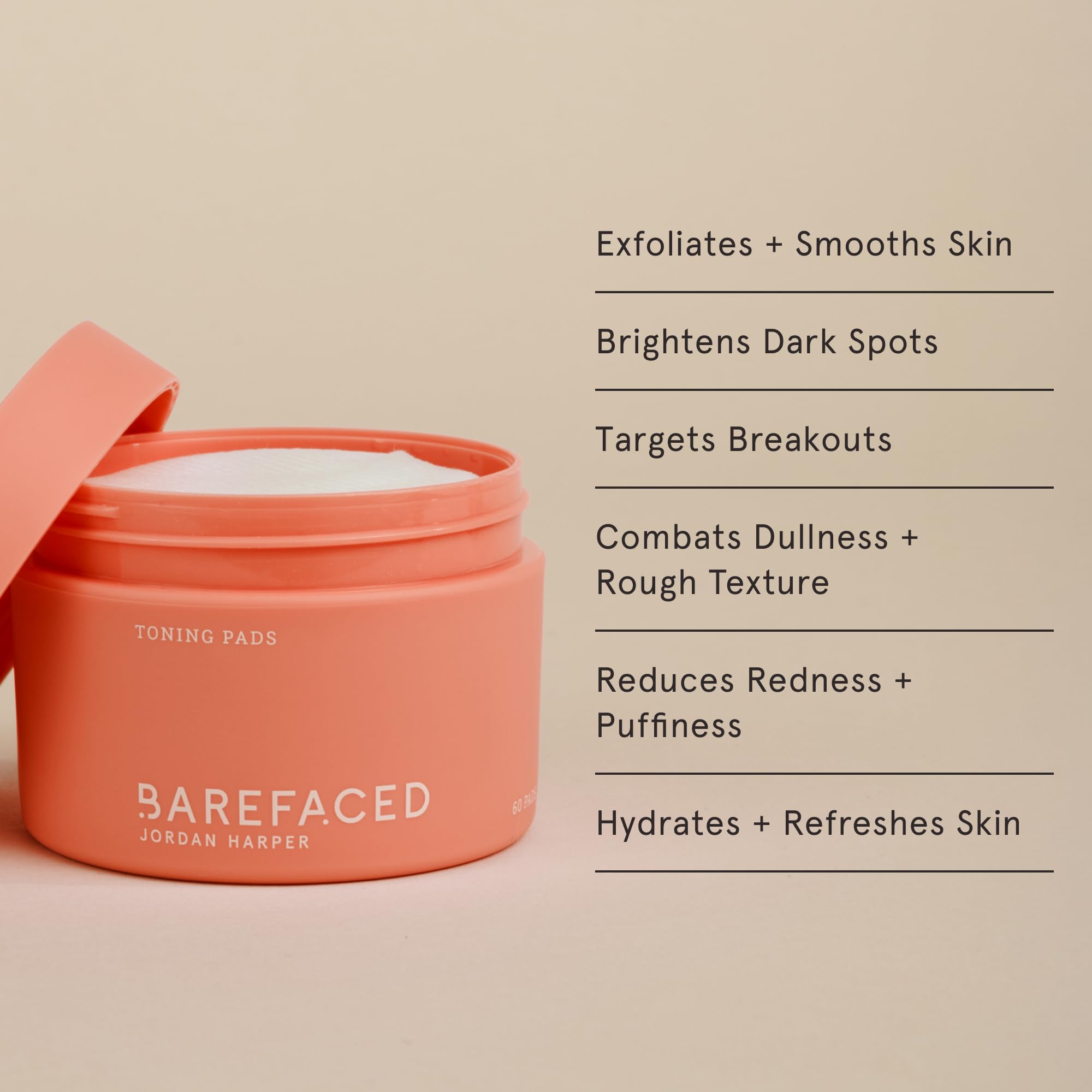 Barefaced Toning Pads con ácidos glicólico y salicílico, exfoliación suave.